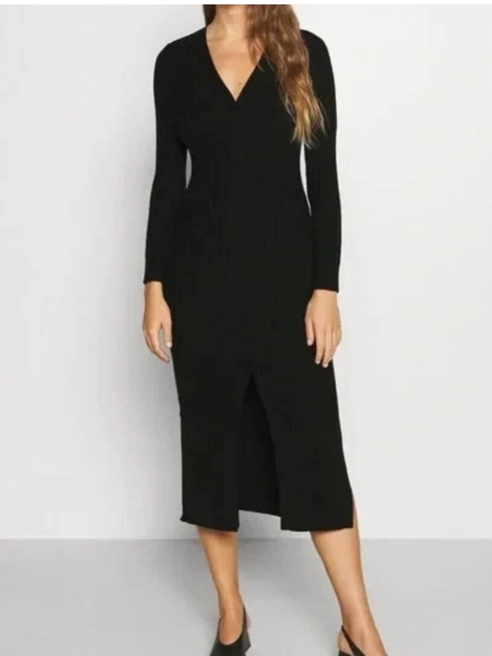 Women’s Black V-Neck Long Sleeve Midi Dress 100% Wool Club Monaco